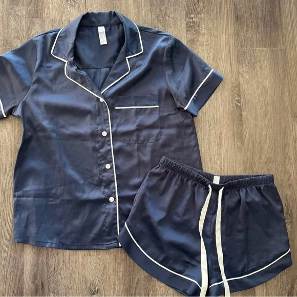 Stars Above Navy Satin Pajama Set with White Trim - Picture 1 of 1